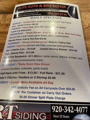 Daily Specials Menu