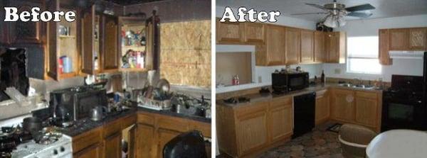 Kitchen before and after the fire.