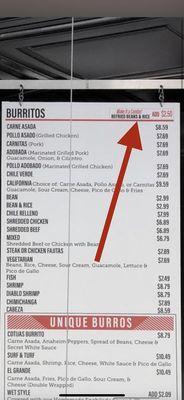 Posted on the burrito menu "Make it a combo, add rice and beans $2.50"