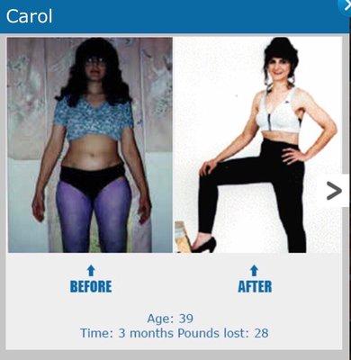 Carol at age 39 lost 28 lbs in 12 weeks and looks amazing (and still does, she was my first before and after)