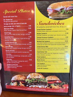 Menu - special plates, sandwiches