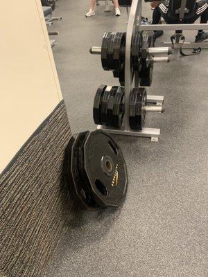 Weights left everywhere... no one re racks or know how to sort while reracking.