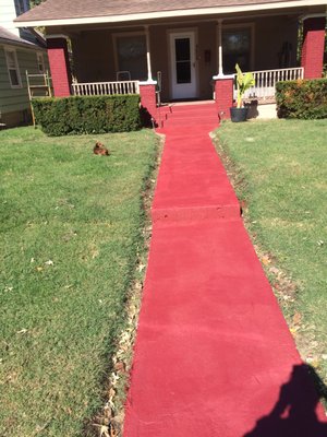 Concrete was pitted bad. Used a skim coat of protective coating from Texas refinery, then dyed it red. Salt won't hurt it now.