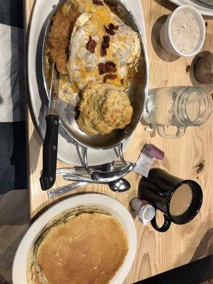 The chicken fried chicken skillet with pancakes.