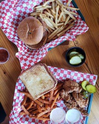 Chicken Tender Basket with Sweet Potato Fries, Chicken Sandwich with Fries