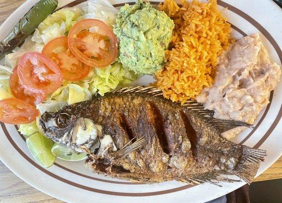 Fries Whole Fish with a side of rice, refried beans, fresh guacamole (delicious), and salad