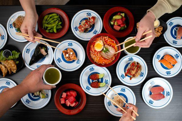 Sushi Plates, Noodles and Sides at Kura Revolving Sushi Bar.