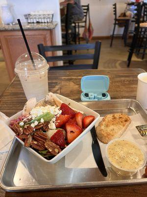 Poppy dressing salad and an iced coffee! First time here and I was hooked  the staff was friendly and it was well kept place!