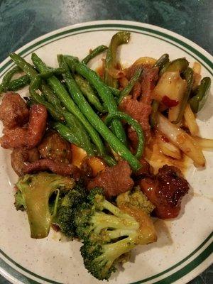 Green beans, Mongolian pork, beef and broccoli, hot and spicy chicken