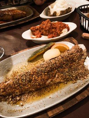 Pecan crusted walleye and side of spaghetti