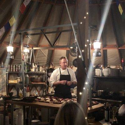 Chef Craig Gerome talks us through the menu inside the yurt (that's basically the whole kitchen right there!)