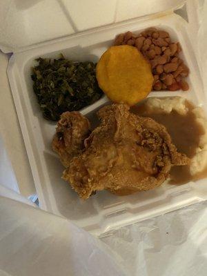 Fried chicken, turnip greens, pinto beans and fried cornbread (hot water cornbread)