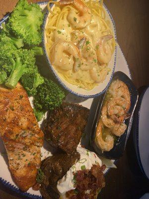 Shrimp Linguini Alfredo Atlantic Salmon* broccoli Garlic Shrimp Scampi and loaded potato