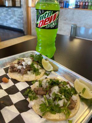 Street tacos and Mts Dew