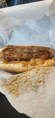 Sweet Italian sausage with grilled onions. Really tasty