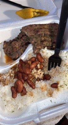 Skirt steak with red beans and rice