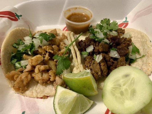 Carne Asada & chicken street tacos.  Fresh flavor and Excellent!