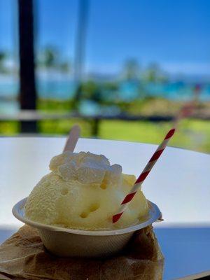 Coconut, Mango and Pineapple shave ice with mochi.