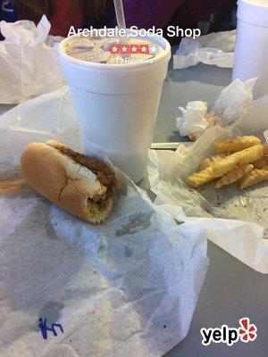 Hotdog ATW with crinkle fries and a Cherry Coke!