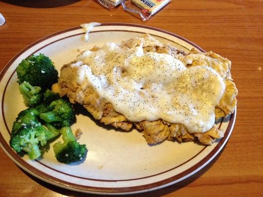 Texas sized Chicken Fried Steak with steamed broccoli