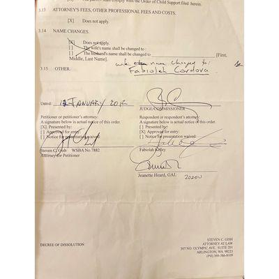 Mr. Gish Mailed this Fraudulent copy to Petitioner (Fabiolah Cordova) after the January 12, 2012, hearing .