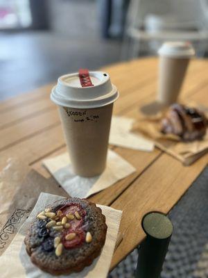 Iced Diné Matcha Latte, Blue Corn Financier, and Blue Corn croissant.