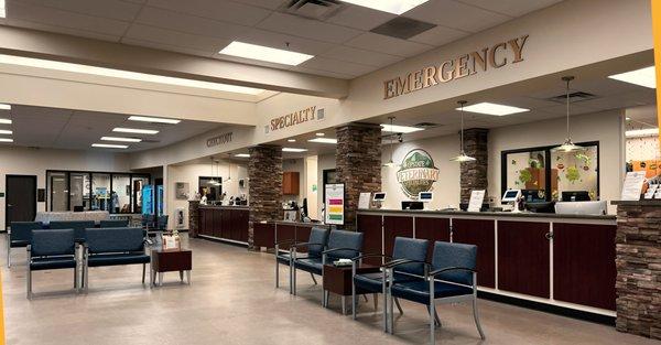 The lobby, while looking empty, had staff members at each desk who were helpful and kind and other clients to the left.