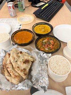 Chicken Chicken Shai Korma, Chana Masala, Chicken Tikka Masala, and Garlic Naan