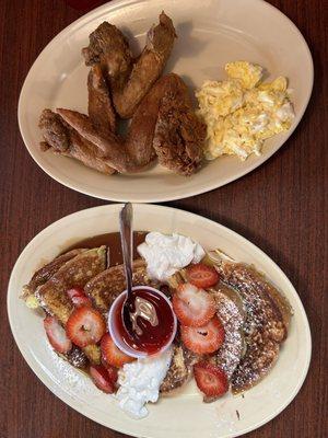 Strawberry French toast with wings and soft scrambled eggs