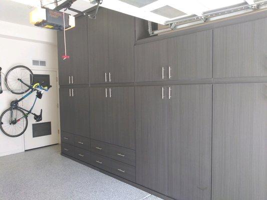 Gray Garage Cabinetry and Bike Rack