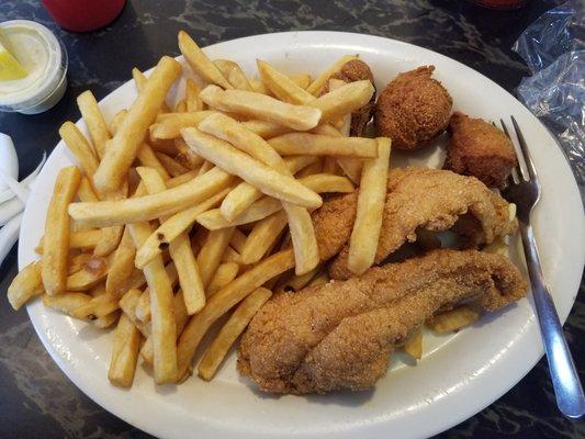 Catfish, hush puppies, and fries