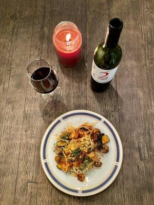 Sunday Dinner made from ingredients purchased from here- fresh organic veggies & plant-based sausage over organic capalleni pasta