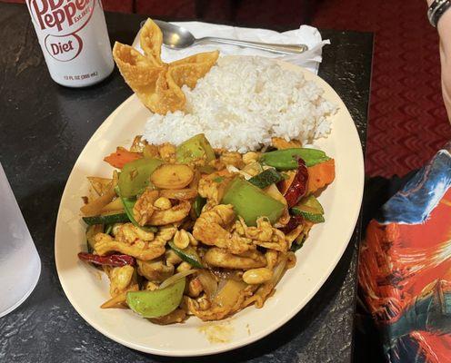 All day special: Kung Pao Chicken with white rice and a crab Rangoon