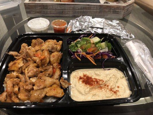 $15 main course plate: chicken gyro, rice, hummus, salad and pita