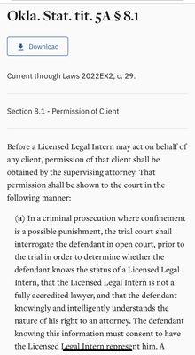 Oklahoma statute showing that interns are not allowed to work on your case without prior permission. Check your legal contracts