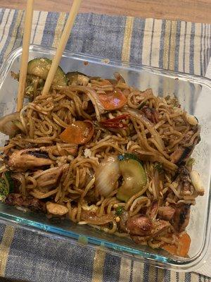 Spicy chicken yakisoba. Noodles a little over cooked but I like they use actual chiles to spice it instead of the sauce