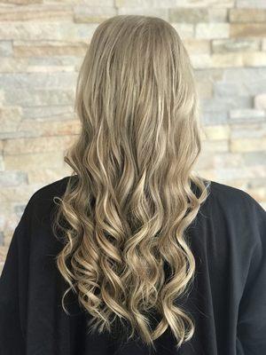 Dimensional blonde and keratin bond hair extensions to thicken up this super fine thin hair.