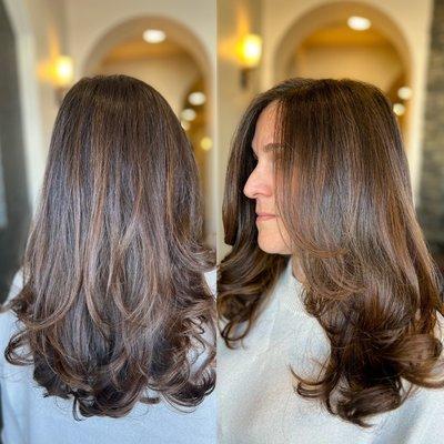 Hand painted sunkissed highlights and custom layered haircut