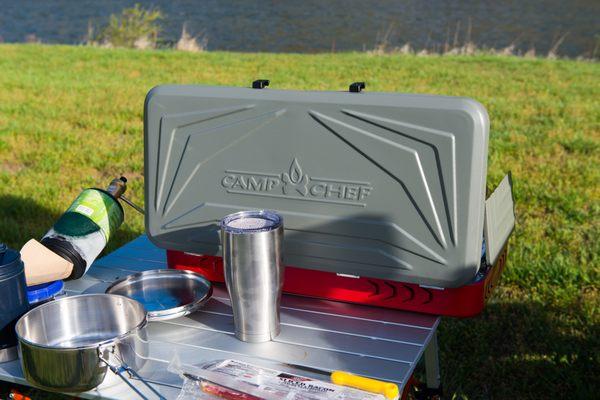 Hatch's camping kits include a Camp Chef Everest stove and everything you need to cook yourself gourmet meals wherever the road takes you!