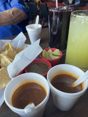 Chips, salsa and homemade broth as starters