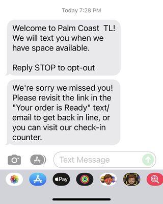 The lovely text to pick up my order and then one out of nowhere when I told the clerk I checked in and it was automatically deleted