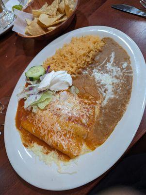 Two Cheese Enchiladas, rice and beans