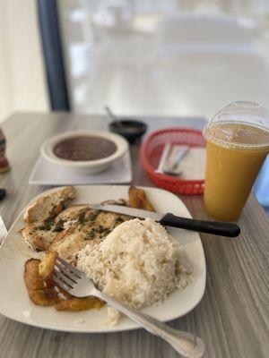 Chicken, rice, beans, plantains