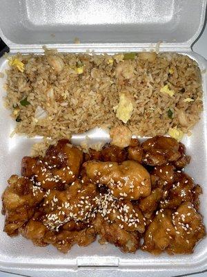 Crispy Sesame Chicken with Shrimp Fried Rice