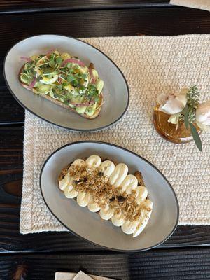 Avocado toast and a sweet toast with ricotta cheese and granola- yum!