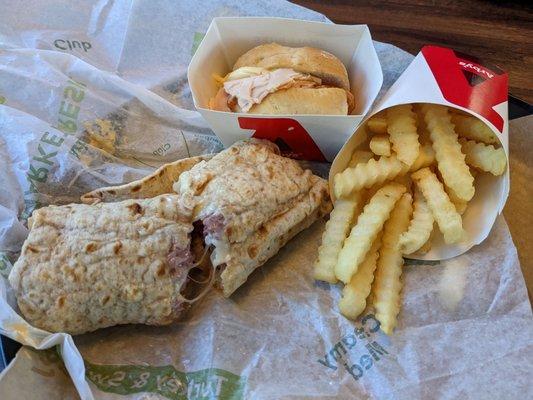 Corned Beef Reuben wrap, roast turkey slider, small crinkle fries