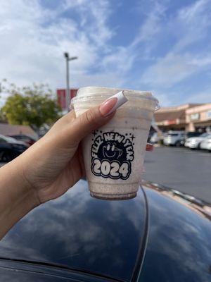 Iced Vanilla chai latte with almond milk and cold foam