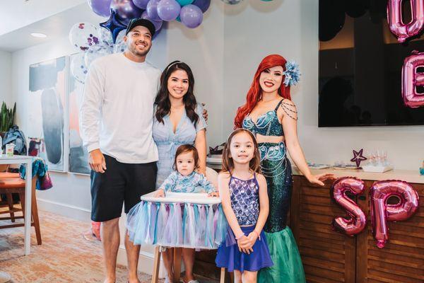 Happy Client, Gina.  Mermaid themed birthday party  in May 2023. Ariel with the beautiful family.