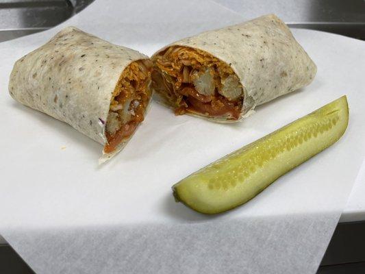 Fried chicken wrap Buffalo style.