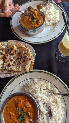 Chicken masala, chicken balti, mango lassi and onion chili naan